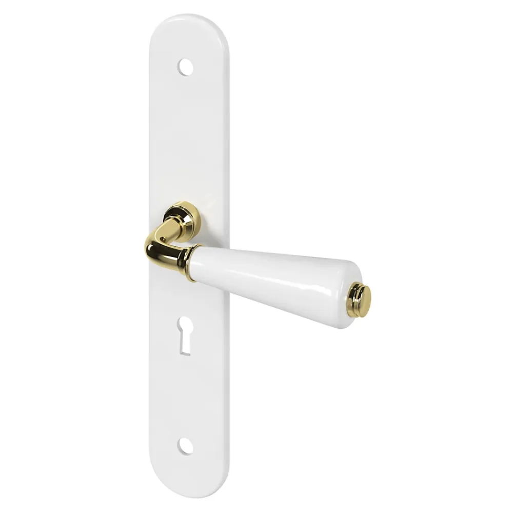 GoodHome Ensemble poignée sur plaque Droit serrure Porcelaine Vras blanc L.115mm x l.45mm entraxe 195mm- Poignée De Porte