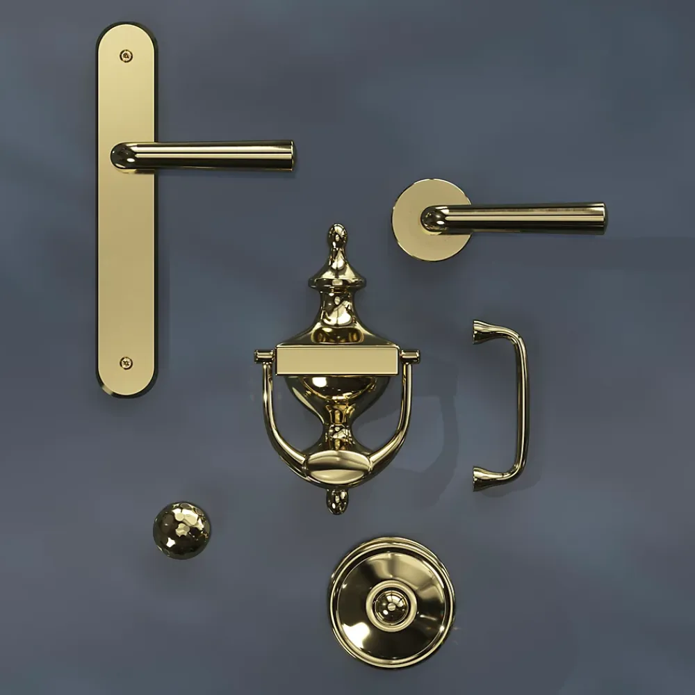 GoodHome Poignée De Porte Extérieure<Ensemble poignée sur plaque rond Tudy effet laiton brillant doré L.119mm x l.41mm entraxe 195mm