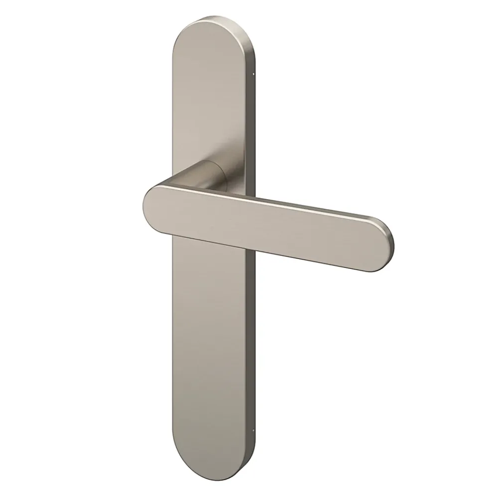 GoodHome Poignée De Porte<Ensemble poignée sur plaque rond Minzh effet nickel satin gris L.120mm x l.42mm entraxe 165-195mm