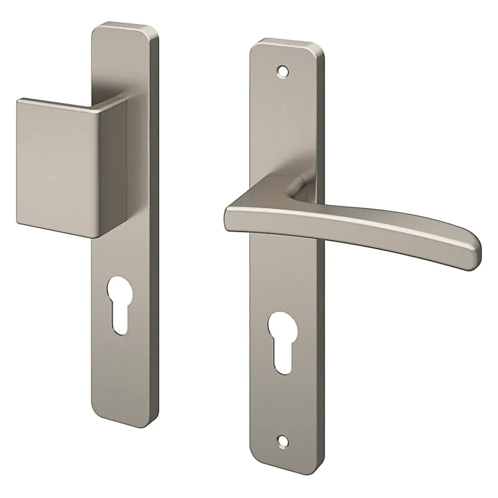 GoodHome Ensemble poignée sur plaque rectangulaire Irvil effet nickel satin gris L.126.5mm x l.24.5mm entraxe 195mm- Poignée De Porte Extérieure