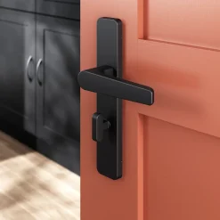 GoodHome Poignée De Porte<Ensemble poignée sur plaque rectangulaire à condamnation Kerver effet nickel mat noir L.128mm x l.42mm entraxe 165-195mm