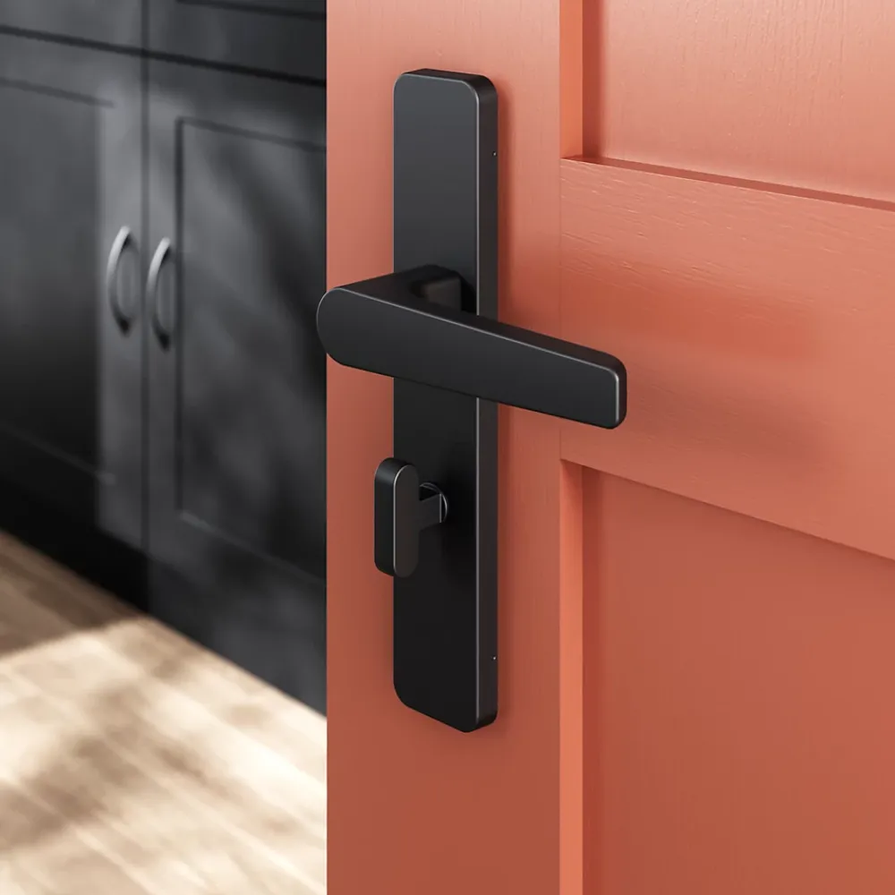GoodHome Poignée De Porte<Ensemble poignée sur plaque rectangulaire à condamnation Kerver effet nickel mat noir L.128mm x l.42mm entraxe 165-195mm