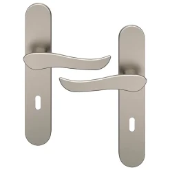 GoodHome Ensemble poignée sur plaque rond serrure Armel effet nickel satin gris L.130mm x l.42mm entraxe 165-195mm- Poignée De Porte