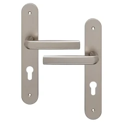 GoodHome Ensemble poignée sur plaque Incurvé cylindre Primel effet nickel satin gris L.126mm x l.40mm entraxe 195mm- Poignée De Porte