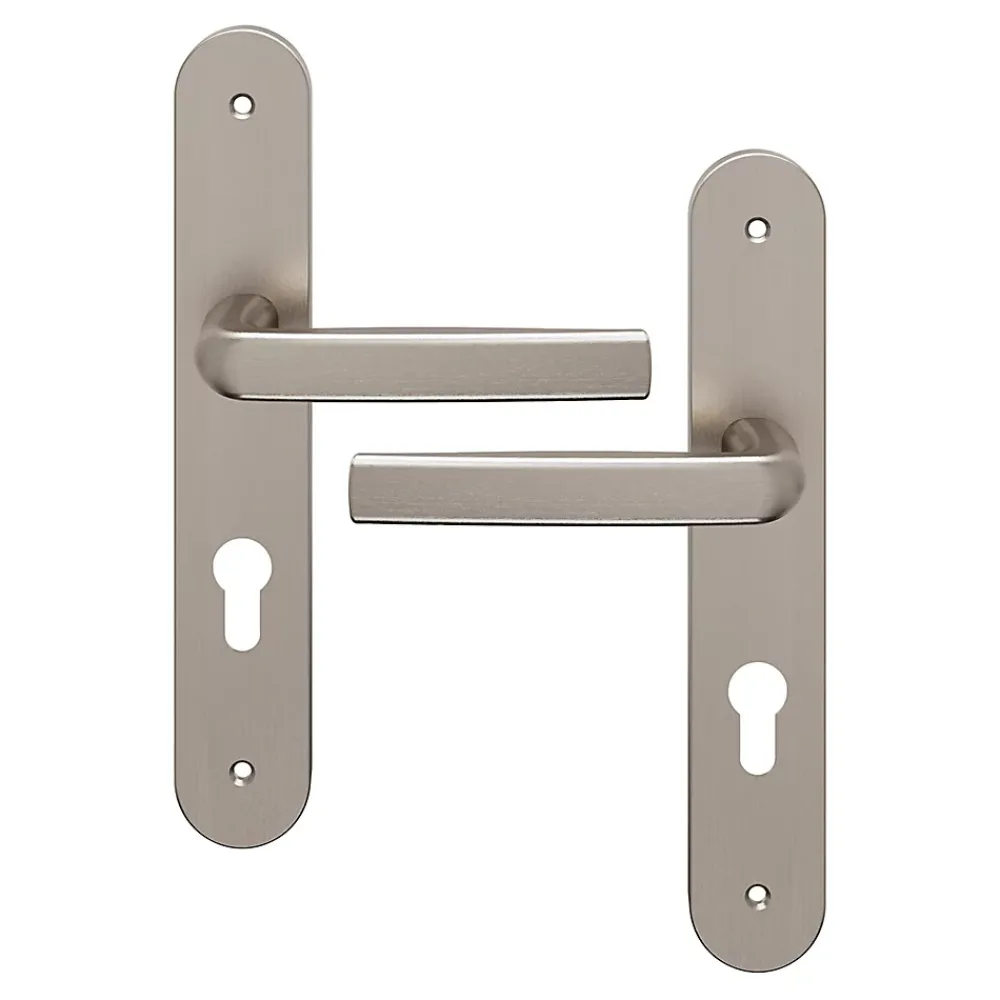 GoodHome Ensemble poignée sur plaque Incurvé cylindre Primel effet nickel satin gris L.126mm x l.40mm entraxe 195mm- Poignée De Porte