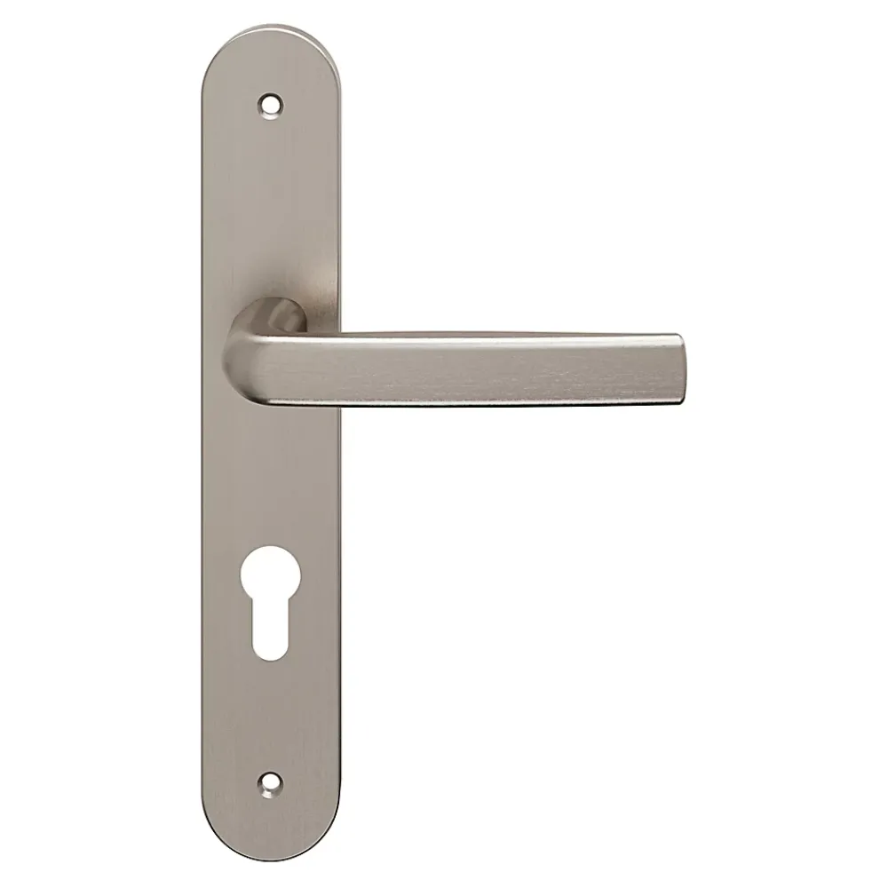 GoodHome Ensemble poignée sur plaque Incurvé cylindre Primel effet nickel satin gris L.126mm x l.40mm entraxe 195mm- Poignée De Porte