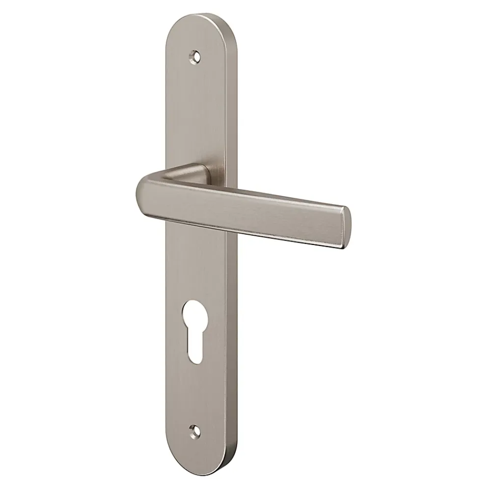 GoodHome Ensemble poignée sur plaque Incurvé cylindre Primel effet nickel satin gris L.126mm x l.40mm entraxe 195mm- Poignée De Porte