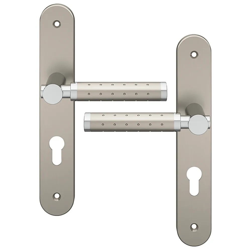 GoodHome Poignée De Porte<Ensemble poignée sur plaque rondcylindre Brigg effet chrome et nickel satin gris L.132mm x l.40mm entraxe 195mm
