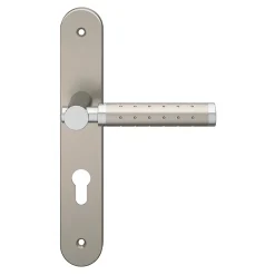 GoodHome Poignée De Porte<Ensemble poignée sur plaque rondcylindre Brigg effet chrome et nickel satin gris L.132mm x l.40mm entraxe 195mm