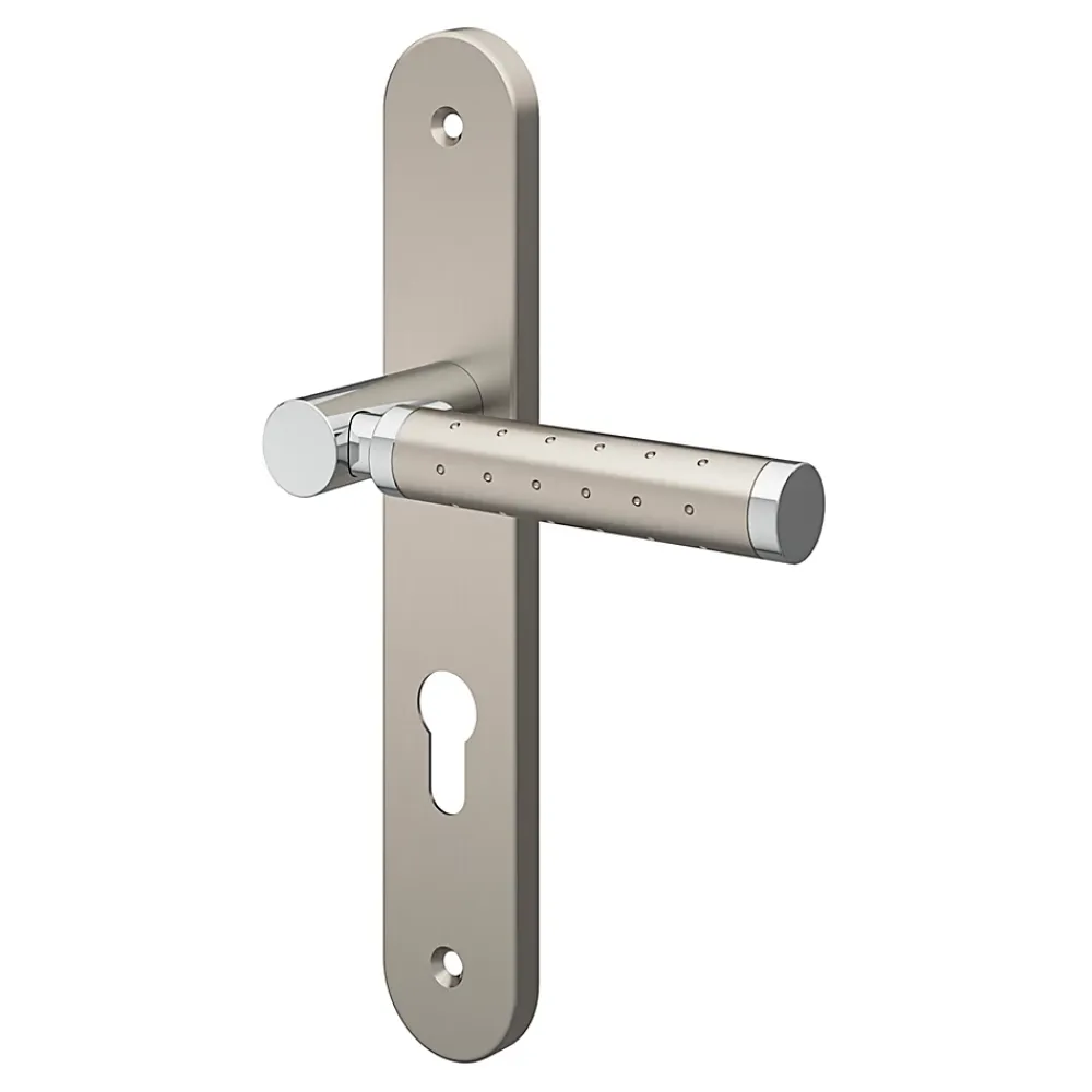 GoodHome Poignée De Porte<Ensemble poignée sur plaque rondcylindre Brigg effet chrome et nickel satin gris L.132mm x l.40mm entraxe 195mm