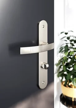 GoodHome Poignée De Porte<Ensemble poignée sur plaque rond à condamnation Diss effet nickel satin gris L.139mm x l.40mm entraxe 195mm