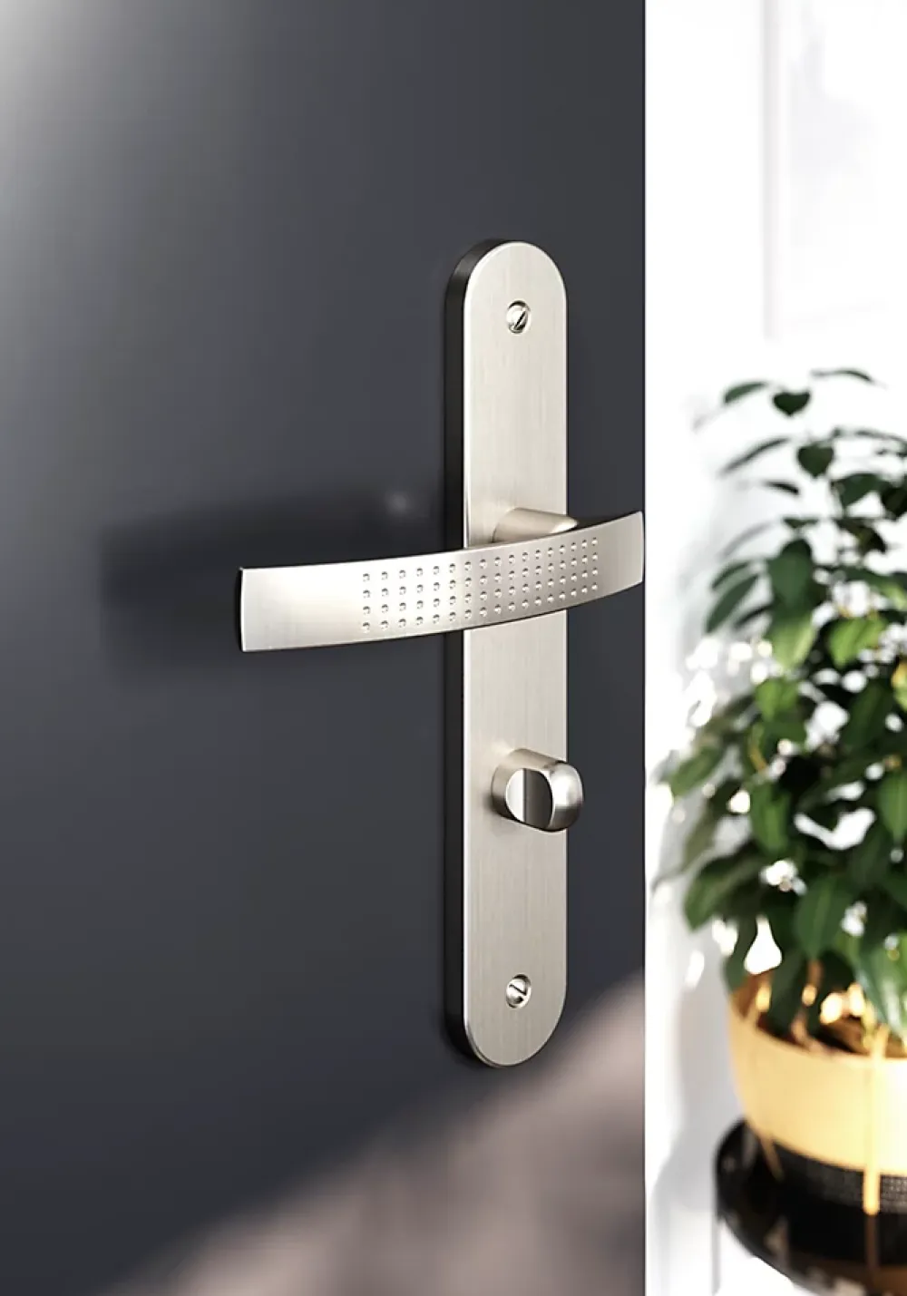 GoodHome Poignée De Porte<Ensemble poignée sur plaque rond à condamnation Diss effet nickel satin gris L.139mm x l.40mm entraxe 195mm