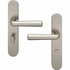 GoodHome Poignée De Porte<Ensemble poignée sur plaque rond à condamnation Dizel effet nickel satin gris L.121.5mm x l.42mm entraxe 165-195mm