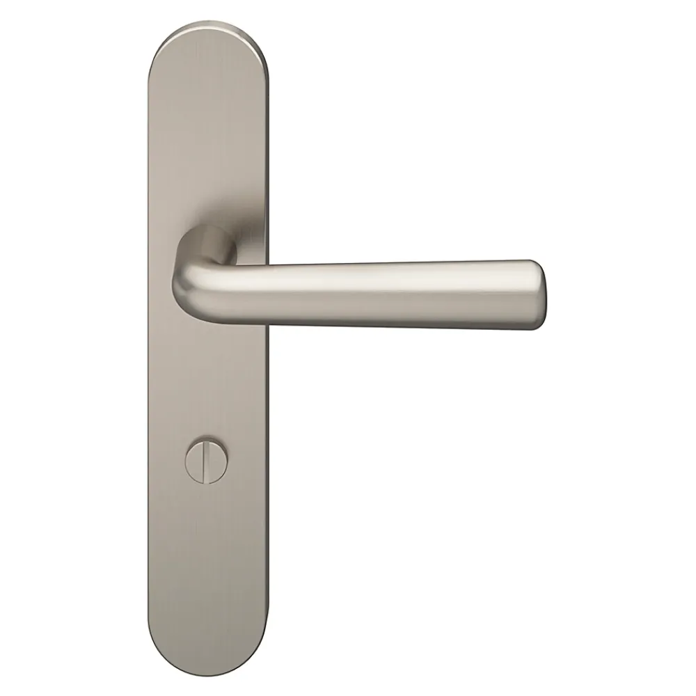 GoodHome Poignée De Porte<Ensemble poignée sur plaque rond à condamnation Dizel effet nickel satin gris L.121.5mm x l.42mm entraxe 165-195mm