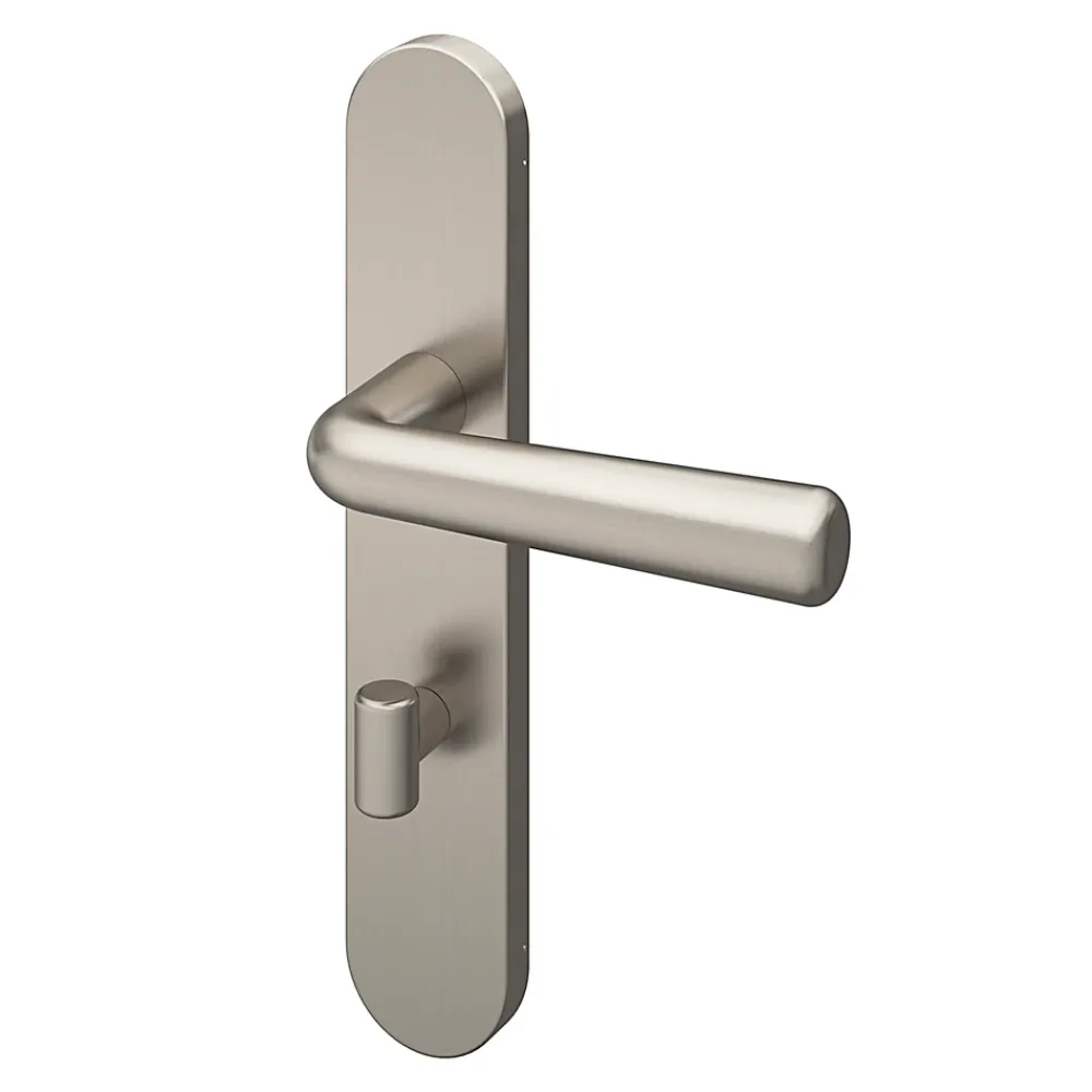 GoodHome Poignée De Porte<Ensemble poignée sur plaque rond à condamnation Dizel effet nickel satin gris L.121.5mm x l.42mm entraxe 165-195mm