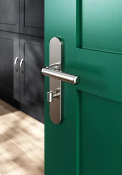 GoodHome Poignée De Porte<Ensemble poignée sur plaque rond à condamnation Dizel effet nickel satin gris L.121.5mm x l.42mm entraxe 165-195mm