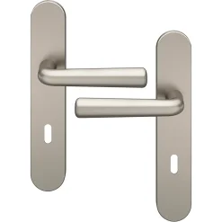 GoodHome Ensemble poignée sur plaque rond serrure Dizel effet nickel satin gris L.121.5mm x l.42mm entraxe 165-195mm- Poignée De Porte