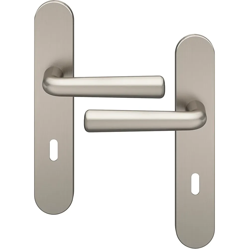 GoodHome Ensemble poignée sur plaque rond serrure Dizel effet nickel satin gris L.121.5mm x l.42mm entraxe 165-195mm- Poignée De Porte