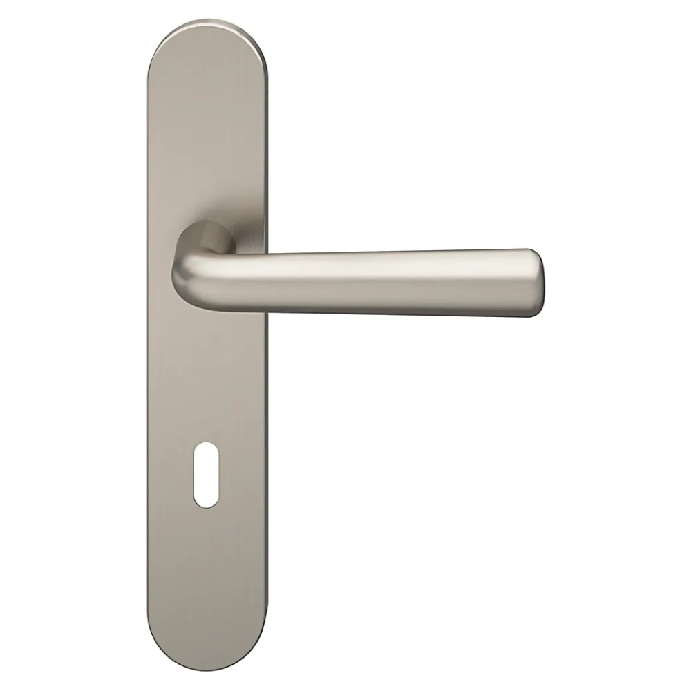 GoodHome Ensemble poignée sur plaque rond serrure Dizel effet nickel satin gris L.121.5mm x l.42mm entraxe 165-195mm- Poignée De Porte
