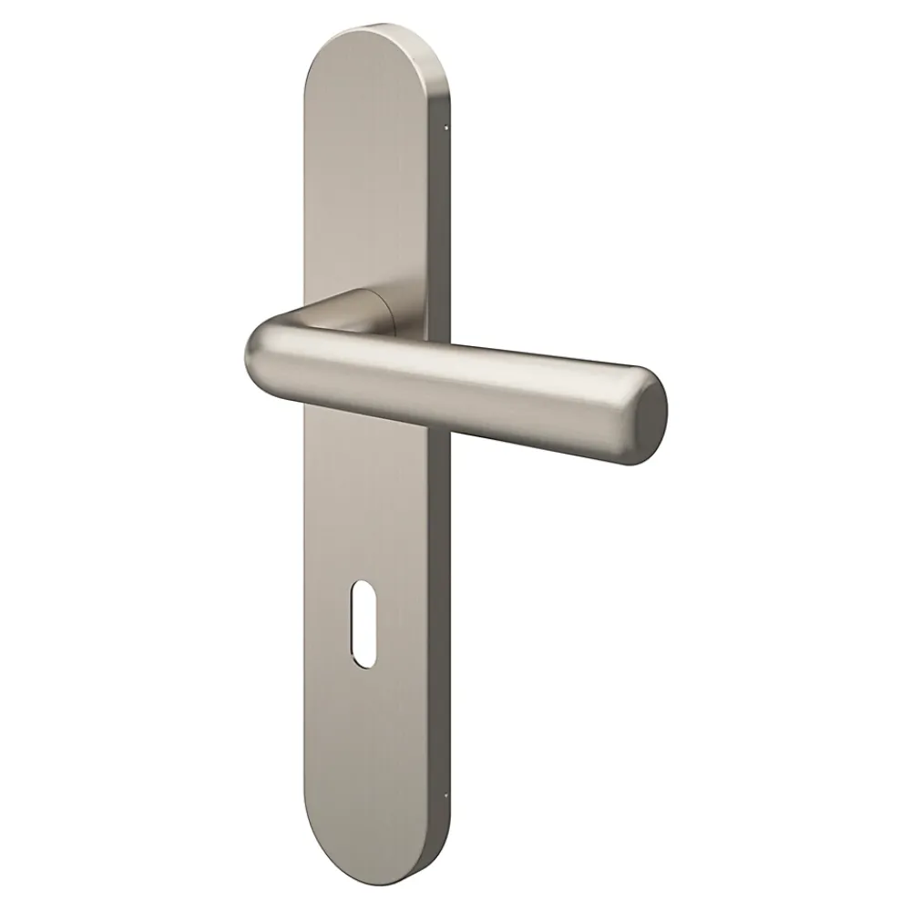 GoodHome Ensemble poignée sur plaque rond serrure Dizel effet nickel satin gris L.121.5mm x l.42mm entraxe 165-195mm- Poignée De Porte