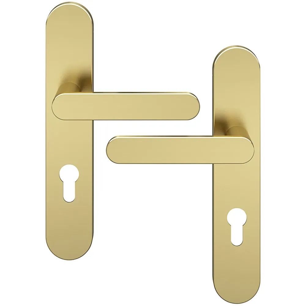 GoodHome Poignée De Porte<Ensemble poignée sur plaque rondcylindre Minzh effet laiton satin doré L.120mm x l.42mm entraxe 165-195mm