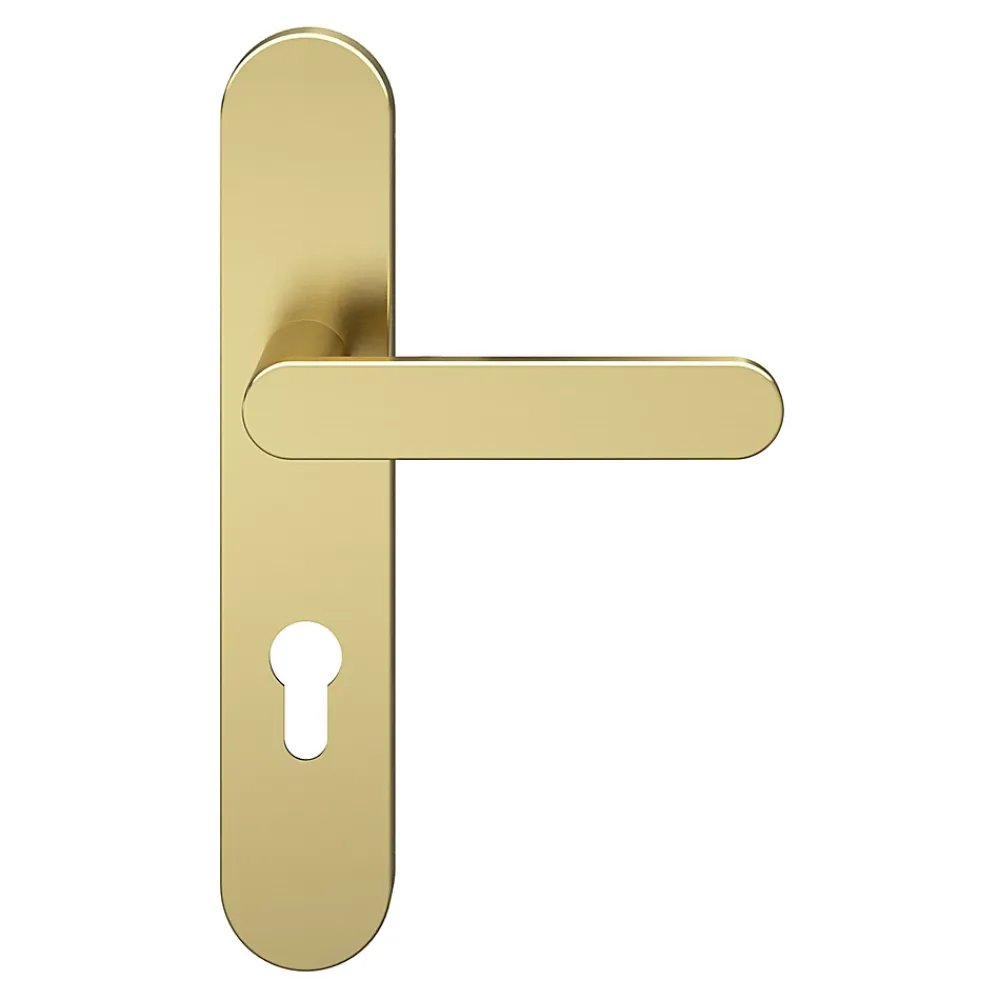 GoodHome Poignée De Porte<Ensemble poignée sur plaque rondcylindre Minzh effet laiton satin doré L.120mm x l.42mm entraxe 165-195mm