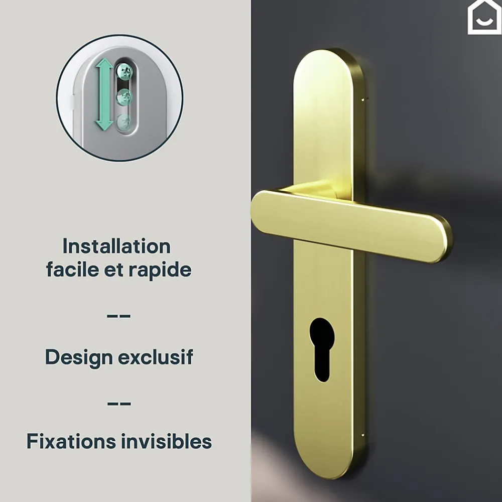 GoodHome Poignée De Porte<Ensemble poignée sur plaque rondcylindre Minzh effet laiton satin doré L.120mm x l.42mm entraxe 165-195mm