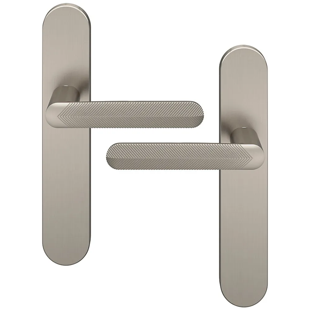 GoodHome Ensemble poignée sur plaque rond Garlan effet nickel satin gris L.125mm x l.42mm entraxe 165-195mm- Poignée De Porte