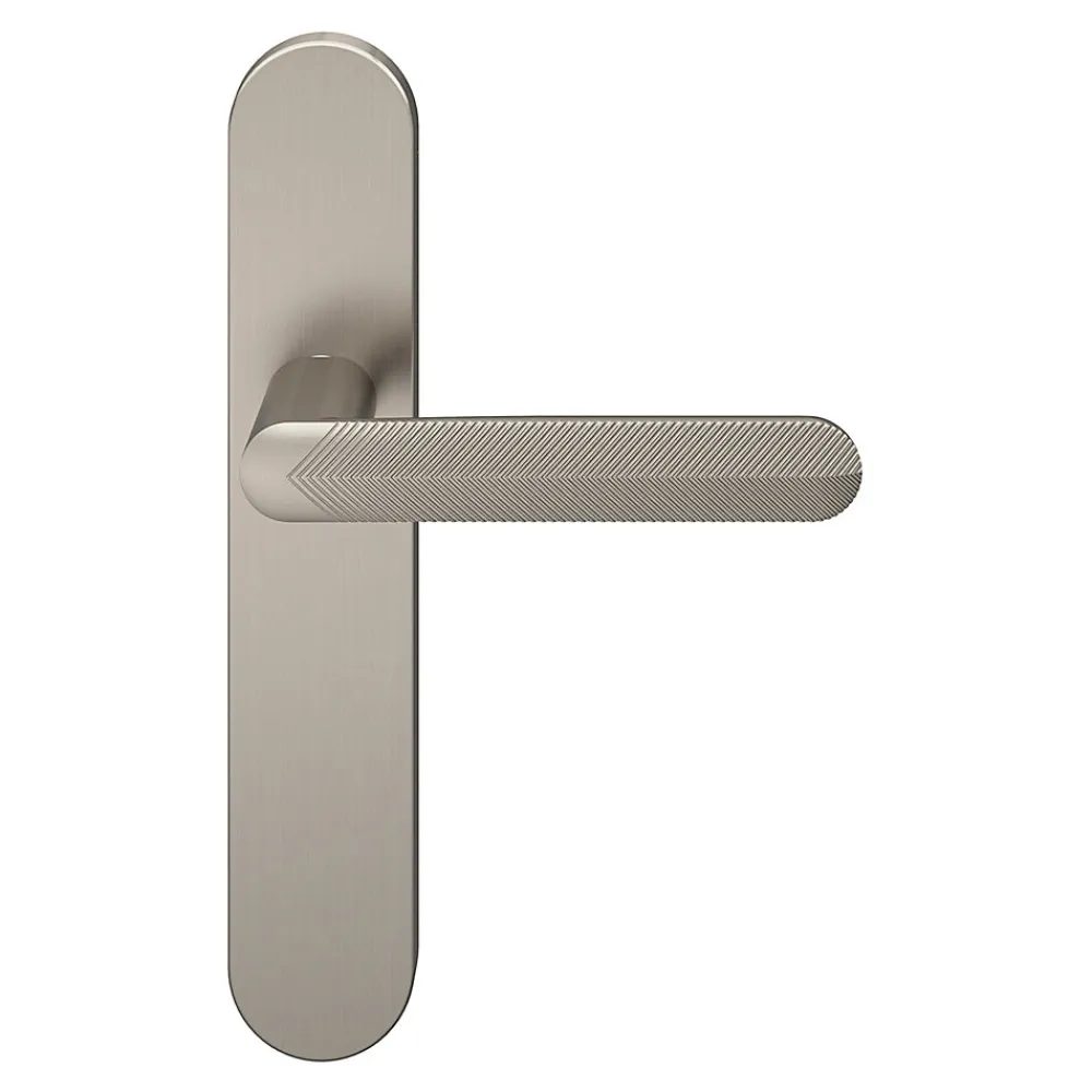 GoodHome Ensemble poignée sur plaque rond Garlan effet nickel satin gris L.125mm x l.42mm entraxe 165-195mm- Poignée De Porte