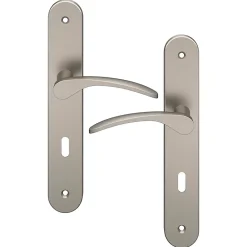 GoodHome Poignée De Porte<Ensemble poignée sur plaque rond serrure Beare effet nickel satin gris L.110.5mm x l.40mm entraxe 195mm