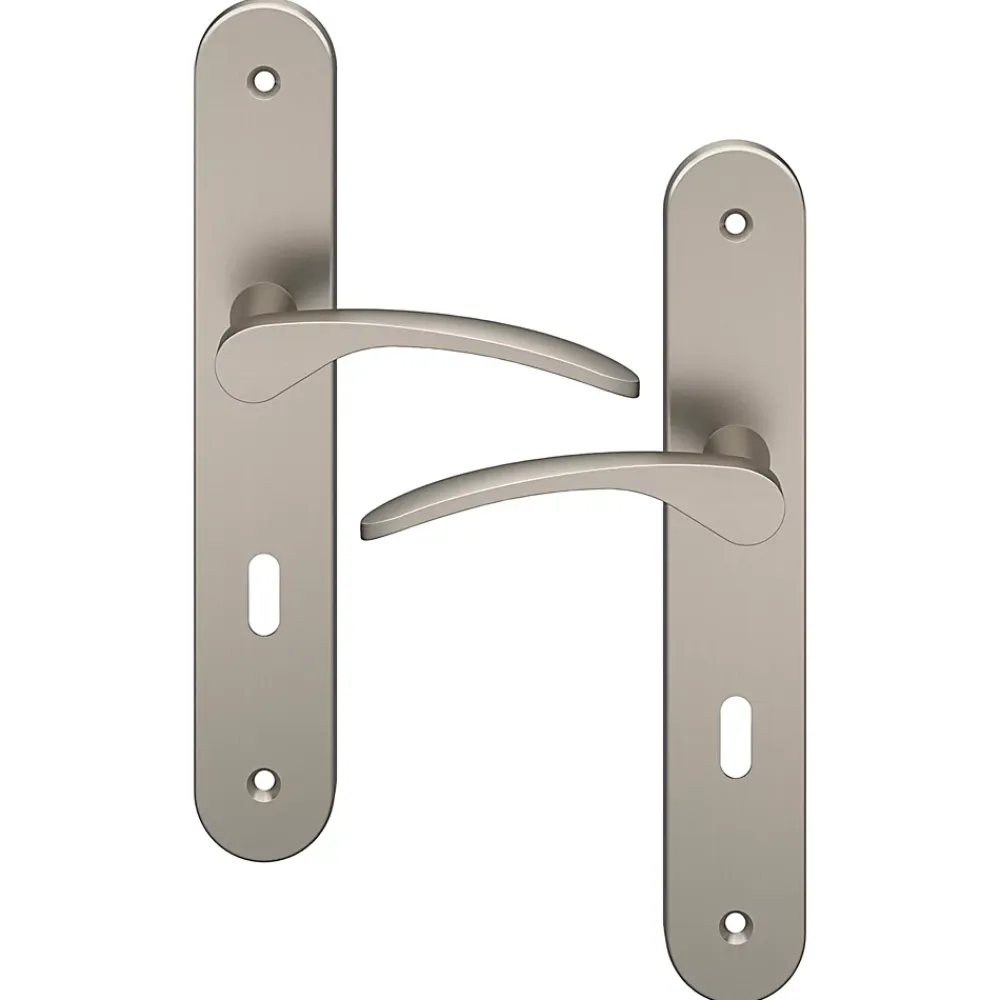 GoodHome Poignée De Porte<Ensemble poignée sur plaque rond serrure Beare effet nickel satin gris L.110.5mm x l.40mm entraxe 195mm