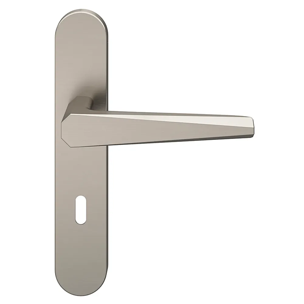 GoodHome Ensemble poignée sur plaque rond serrure Keri effet nickel satin gris L.140mm x l.42mm entraxe 165-195mm- Poignée De Porte