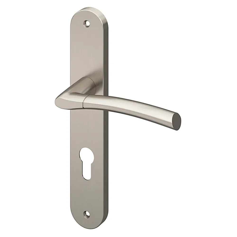 GoodHome Poignée De Porte Extérieure<Ensemble poignée sur plaque extérieur rond cylindre Hirel effet nickel satin gris chromé L.128mm x l.40mm entraxe 195mm