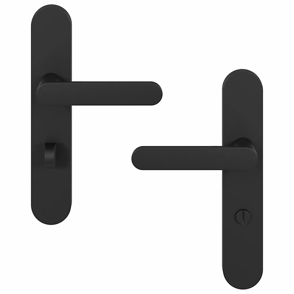 GoodHome Poignée De Porte<Ensemble poignée sur plaque rond à condamnation Minzh effet nickel mat noir L.120mm x l.42mm entraxe 165-195mm