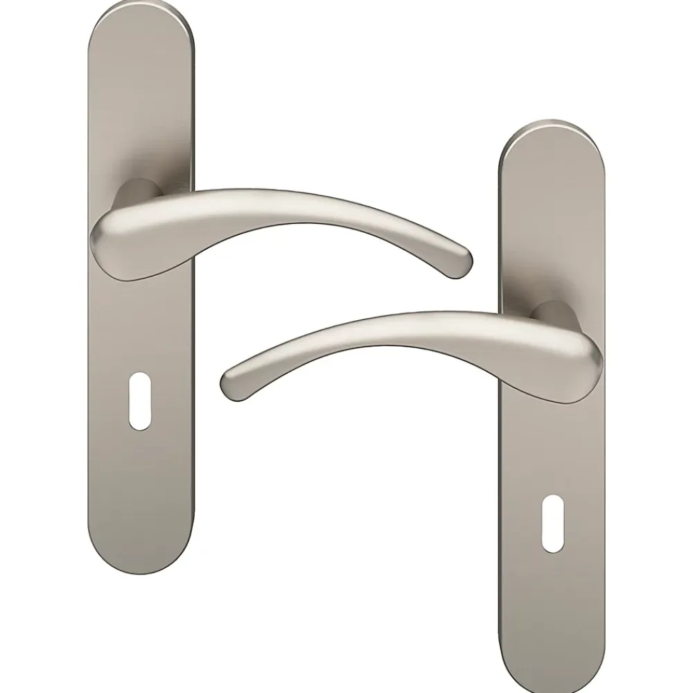 GoodHome Poignée De Porte<Ensemble poignée sur plaque rond serrure Ruis effet nickel satin gris L.138.5mm x l.42mm entraxe 165-195mm