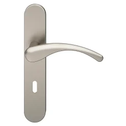 GoodHome Poignée De Porte<Ensemble poignée sur plaque rond serrure Ruis effet nickel satin gris L.138.5mm x l.42mm entraxe 165-195mm