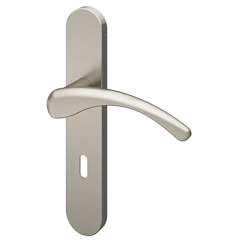GoodHome Poignée De Porte<Ensemble poignée sur plaque rond serrure Ruis effet nickel satin gris L.138.5mm x l.42mm entraxe 165-195mm