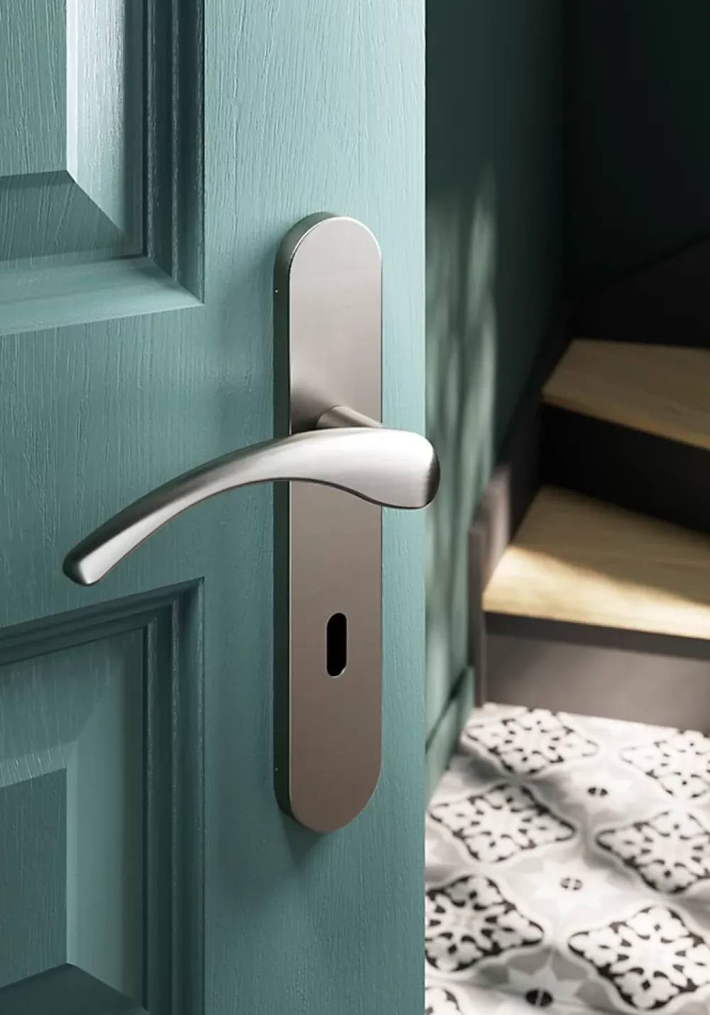 GoodHome Poignée De Porte<Ensemble poignée sur plaque rond serrure Ruis effet nickel satin gris L.138.5mm x l.42mm entraxe 165-195mm
