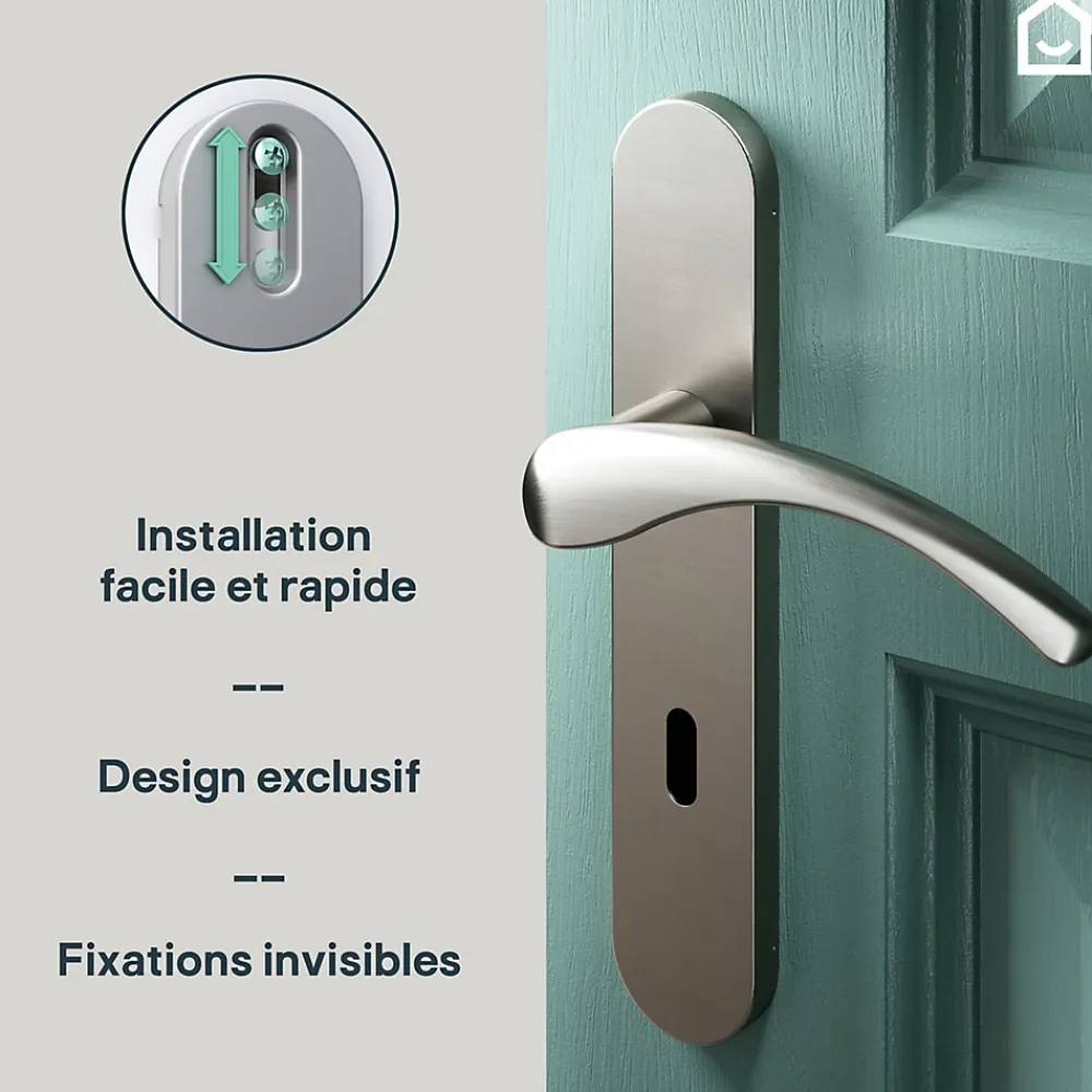 GoodHome Poignée De Porte<Ensemble poignée sur plaque rond serrure Ruis effet nickel satin gris L.138.5mm x l.42mm entraxe 165-195mm