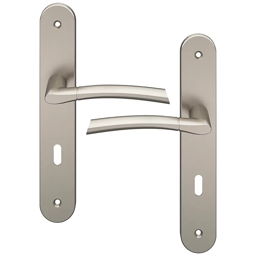 GoodHome Ensemble poignée sur plaque rond serrure Hirel effet nickel satin gris L.128mm x l.40mm entraxe 195mm- Poignée De Porte