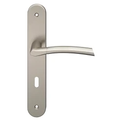 GoodHome Ensemble poignée sur plaque rond serrure Hirel effet nickel satin gris L.128mm x l.40mm entraxe 195mm- Poignée De Porte