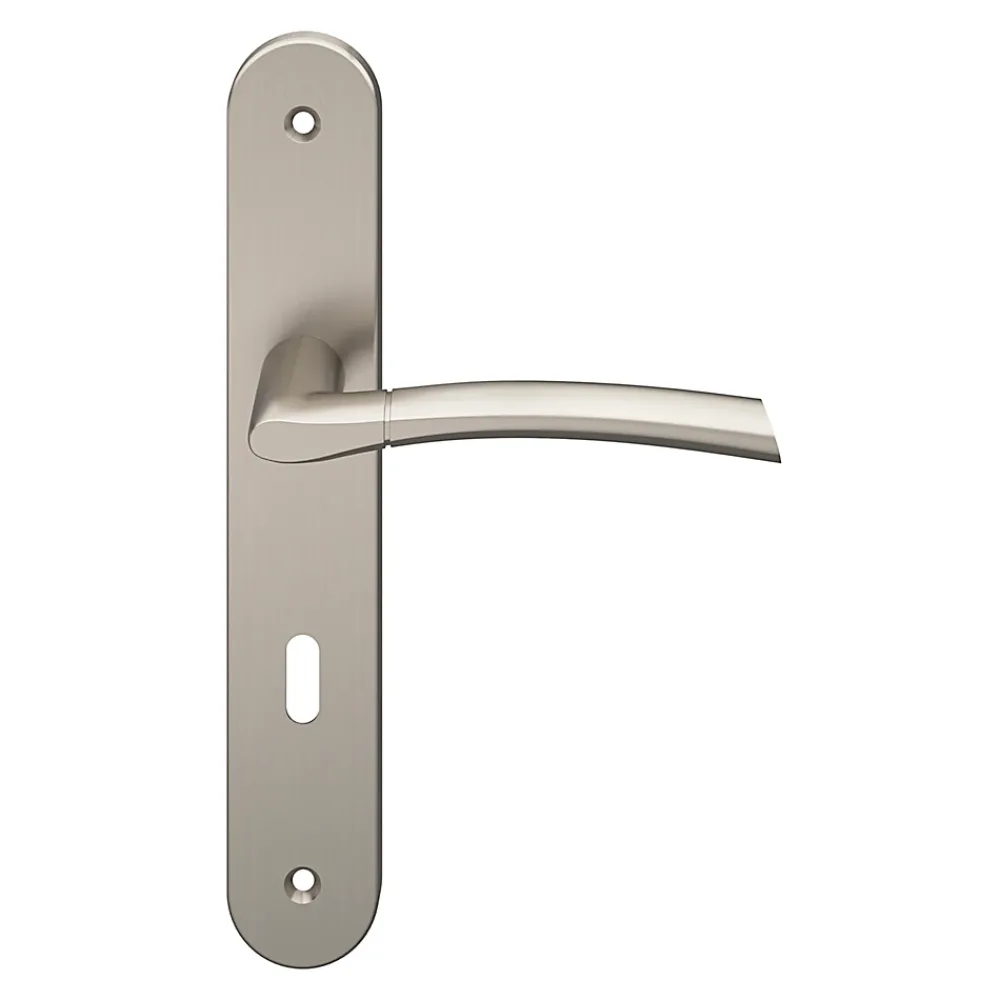 GoodHome Ensemble poignée sur plaque rond serrure Hirel effet nickel satin gris L.128mm x l.40mm entraxe 195mm- Poignée De Porte