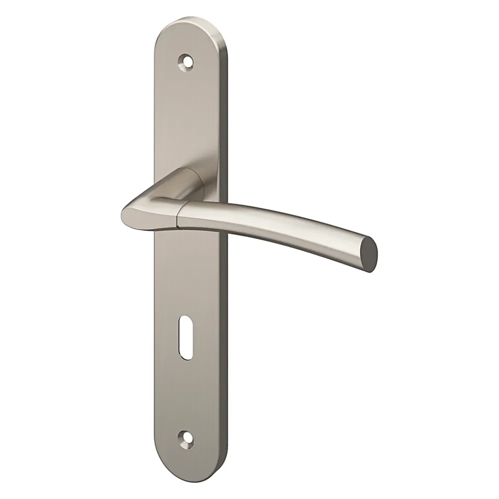 GoodHome Ensemble poignée sur plaque rond serrure Hirel effet nickel satin gris L.128mm x l.40mm entraxe 195mm- Poignée De Porte