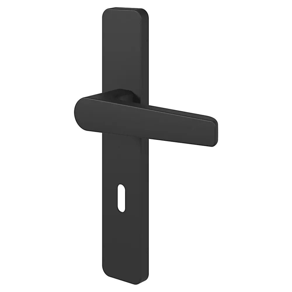 GoodHome Ensemble poignée sur plaque rectangulaire serrure Kerver effet nickel mat noir L.128mm x l.42mm entraxe 165-195mm- Poignée De Porte