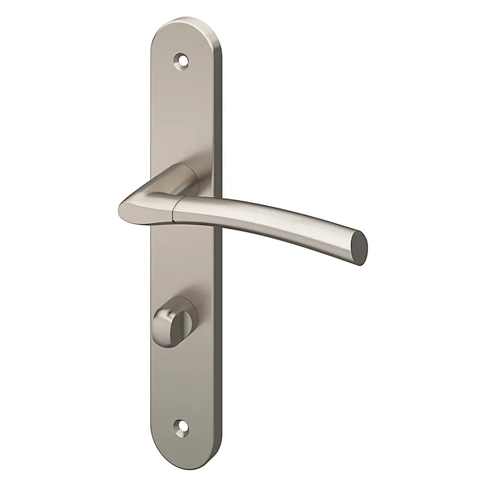 GoodHome Poignée De Porte<Ensemble poignée sur plaque rond à condamnation Hirel effet nickel satin gris L.128mm x l.40mm entraxe 195mm