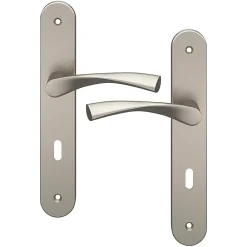 GoodHome Poignée De Porte<Ensemble poignée sur plaque rond serrure Breage effet nickel satin gris L.120.5mm x l.40mm entraxe 195mm