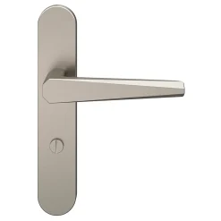 GoodHome Poignée De Porte<Ensemble poignée sur plaque rond à condamnation Keri effet nickel satin gris L.140mm x l.42mm entraxe 165-195mm