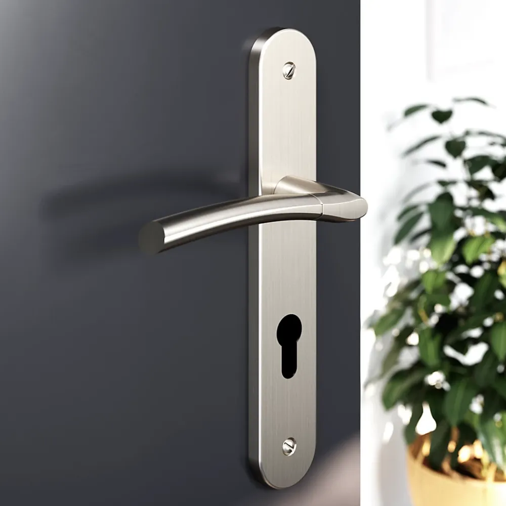 GoodHome Poignée De Porte<Ensemble poignée sur plaque rond cylindre Hirel effet nickel satin gris chromé L.128mm x l.40mm entraxe 195mm