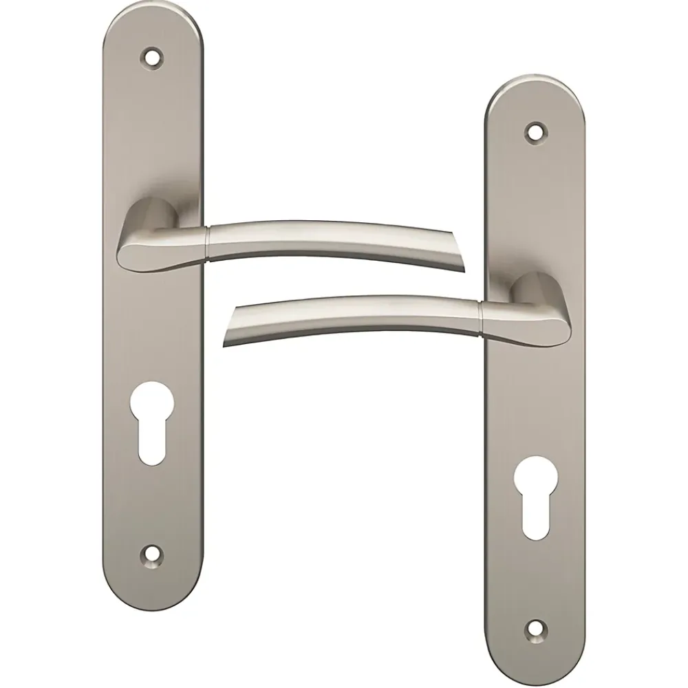 GoodHome Poignée De Porte<Ensemble poignée sur plaque rond cylindre Hirel effet nickel satin gris chromé L.128mm x l.40mm entraxe 195mm