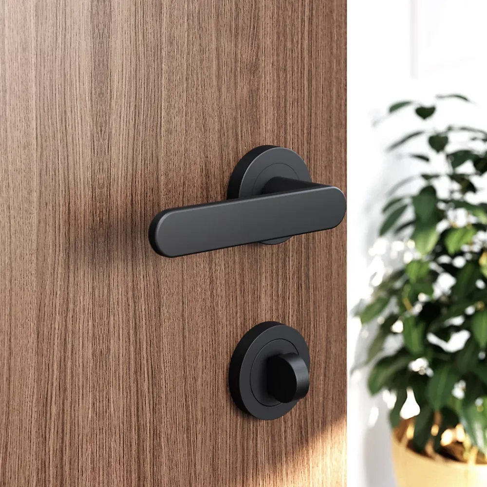 GoodHome Poignée De Porte<Ensemble poignée sur rosace rond à visser Minzh mat noir Ø50mm